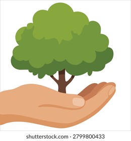 Creative design of bright tree in hands glyph for nature support gardening