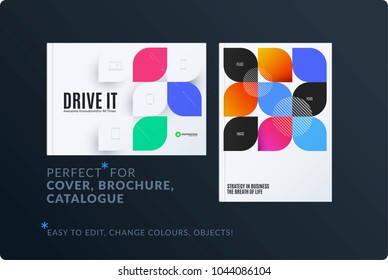 Creative design of brochure set, abstract annual report, horizontal cover layout, flyer in A4 with vector colourful