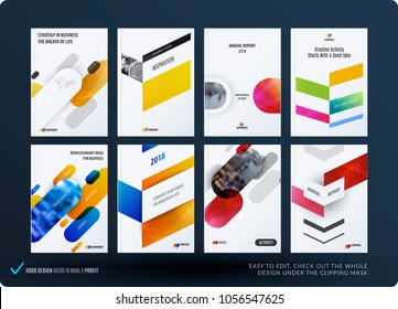 Creative design of business brochure set, abstract horizontal cover layout, flyer in A4 with colourful rounded rectangles for motion design