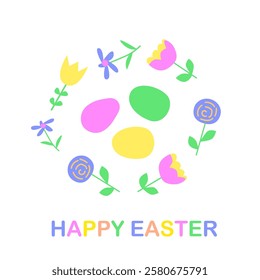 Creative design card with eggs and flowers with happy easter inscription.