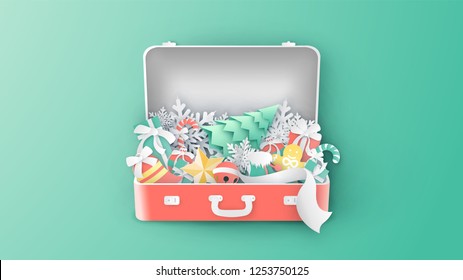 Creative design for Christmas with bell, ball, ribbon, snowflake, sock, gift box, gingerbread, star, candy cane, and Christmas tree. inside suitcase. paper cut and craft style. vector,illustration.