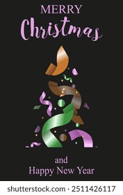 Creative design of Christmas greeting card with Xmas tree and holiday confetti ribbon. Elegant luxury New Year poster isolated black. Vector illustration for postcard cover print. EPS 10