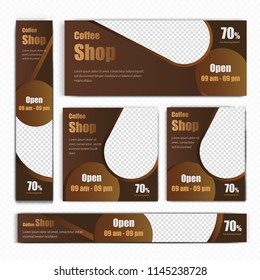 Creative Design For Coffee Shop Web banner Set of different standard sizes. Templates with place for photos, buttons. Vector illustration. Eps 10.