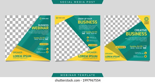 Creative design collection of social media story post templates on green and yellow background. Great for business webinar, marketing webinar, online class program, etc.