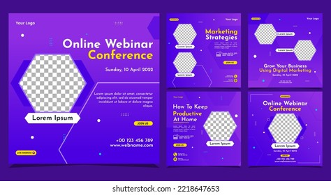 Creative design collection of social media story post templates on a dark purple gradient background. It is suitable for business webinar, marketing webinar, online class program, etc.
