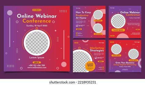 Colección creativa de diseño de historias en medios sociales postea plantillas en un fondo de gradiente morado oscuro. Es adecuado para seminarios web de negocios, seminarios web de marketing, programas de clases en línea, etc.