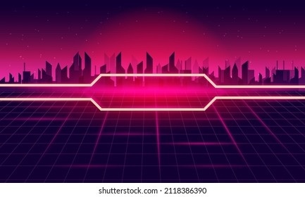 Creative design with color lines. of Retro Sci-Fi Background Futuristic Grid landscape , 90's . Horizontal matrix grid in space with stars in the background.