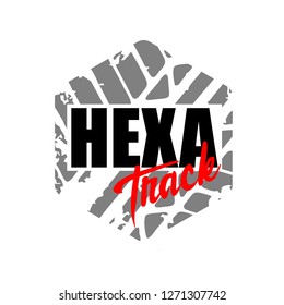 Creative design of company or community vector logo with hexagon tire track sign isolated in white background with black and red sample logo text
