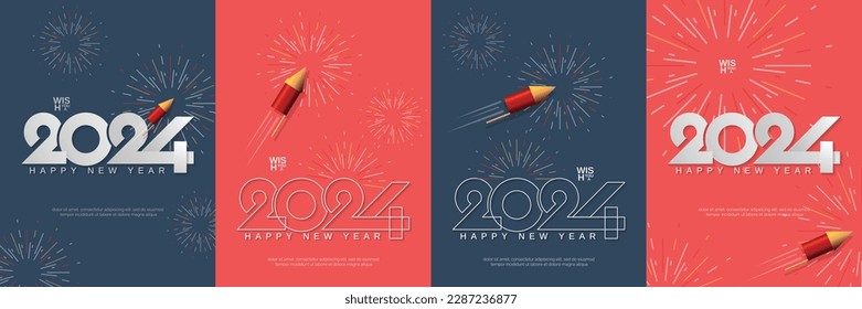 Creative design concept of 2024 new year. Set of 2024 new year design with firework rocket and line concept for greeting card, banner, template, poster and flyer