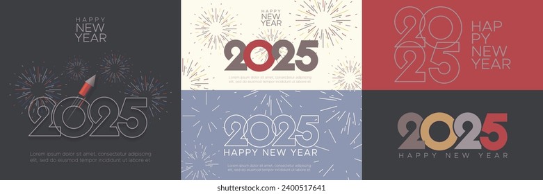 Creative design concept of 2025 new year. Set of 2025 new year design with firework rocket and line concept