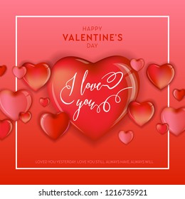 Concepto de diseño creativo con corazones 3d para el Día de San Valentín, Letrado de mano, ilustración vectorial de tarjeta de amor, Volante de fiesta de boda o afiche