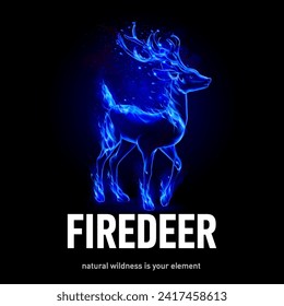 Creative design concept with blue fire flames effect on black background. Features a blue fiery black silhouette deer with sparks