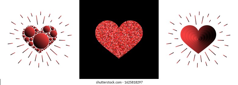 Creative design concept in the form of red heart and rays for Valentine's day, mother's day, greeting cards for woman's day or love confession. Set. Glitter.