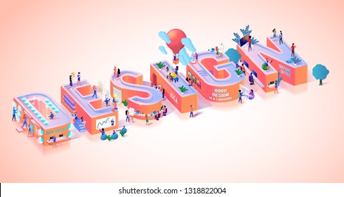 Creative Design Concept Idea Typography Banner. Corporate Inspire Elements Alphabet Geometric Collage. Marketing Horizontal Art Template for Advertising Motivation Isometric 3d Vector Illustration