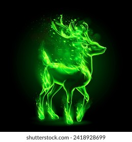 Creative design concept with realistic green fire flames effect on black background featuring a fiery black silhouette deer with sparks