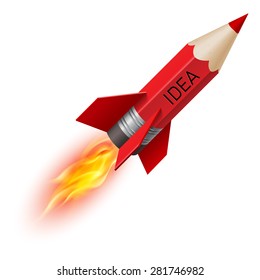 Creative design concept with red pencil as flying rocket on white background 