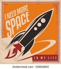 Creative design concept with rocket and space. Vintage artistic image on old paper texture. 