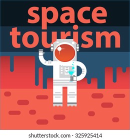 Creative design concept space tourism. Astronaut with a cocktail on Mars. Vector poster