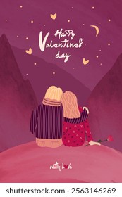 Creative design concept for a valentine card. A couple in love against the backdrop of a nightscape. Watercolor textures.