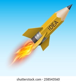 Creative design concept with yellow pencil as flying rocket