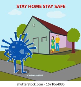 Kreatives Design des Corona-Virus steht und wartet außerhalb des Hauses und wartet auf Angriffe auf sie. Ein Paar bleibt in ihrem Haus und rettet sich vor dem tödlichen Ungeheuer.