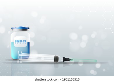 Creative design for Coronavirus vaccine background. Covid-19 corona virus vaccination with vaccine bottle and syringe injection tool for covid19 immunization treatment. Vector illustration.
