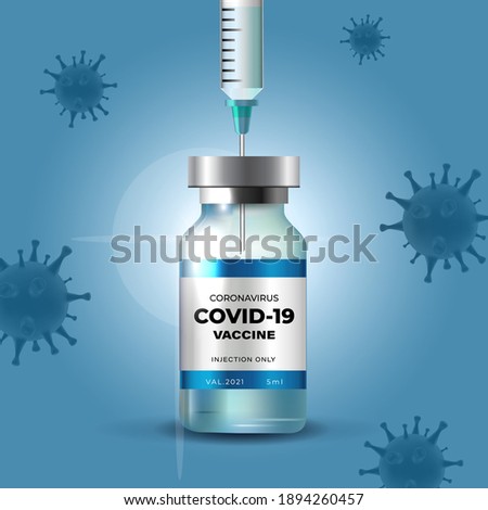 Creative design for Coronavirus vaccine background. Covid-19 corona virus vaccination with vaccine bottle and syringe injection tool for covid19 immunization treatment. Vector illustration.