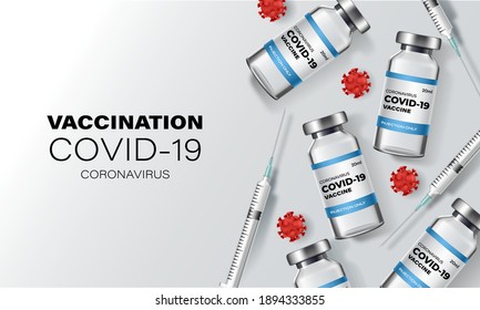 Creative Design For Coronavirus Vaccine Banner Background. Covid-19 Corona Virus Vaccination With Vaccine Bottle And Syringe Injection Tool For Covid19 Immunization Treatment. Vector Illustration.