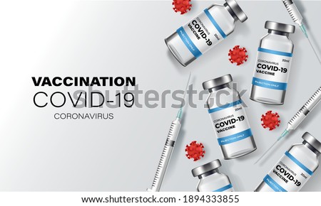 Creative design for Coronavirus vaccine banner background. Covid-19 corona virus vaccination with vaccine bottle and syringe injection tool for covid19 immunization treatment. Vector illustration.