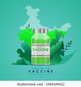 Creative design for Coronavirus vaccine vector background with Indian map. Covid-19 corona virus vaccination with vaccine bottle of covid19 immunization treatment. Vector illustration.