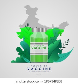 Creative design for Coronavirus vaccine vector background with Indian map. Covid-19 corona virus vaccination with vaccine bottle of covid19 immunization treatment. Vector illustration.