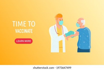 Creative design for Coronavirus vaccine vector background. Time to vaccinate. Landing page template. Modern flat concept for web design. Vector illustration with doctor giving vaccine to an elder man