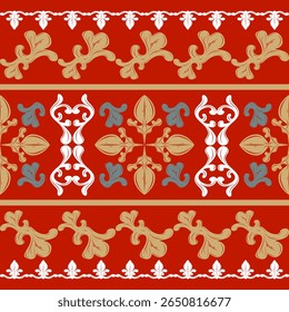 Design Criativo Damask Royal Haute Couture Botany Inspirado com verde dourado branco no fundo vermelho sem emenda padrão da borda. Antiga era vitoriana barroca florescendo folhagem bordado roupas vestido renda