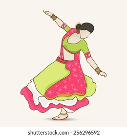 Creative design of a dancing woman in traditional dress on beige background.