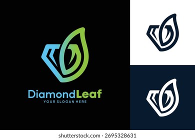 Creative design of diamond logo with leaves in bold line art