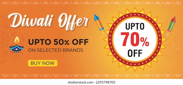 Diseño creativo para Diwali, oferta Diwali con lámpara de aceite y cohetes, banner de venta Diwali, plantilla de publicidad.