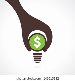 creative design of dollar bulb, hand hold a coin and bottom of bulb is design vector