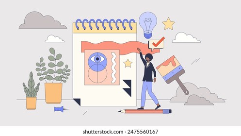 Creative design drawing for visual project tiny person neubrutalism concept. Artistic communication style using geometric abstract figures and shapes vector illustration. Professional idea creation.
