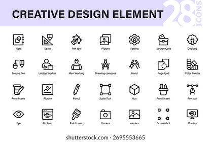 Creative Design Element and Work Essentials Icons Collection. monitor, camera, pen, pencil, brush, minimal and modern icon set.