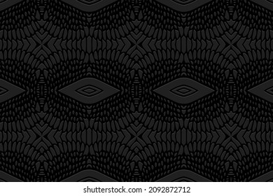 Creative design embossed geometric black background. Vintage ethnic 3D pattern in handmade style. Motives of the peoples of the East, Asia, India, Mexico, Aztec.
