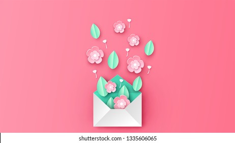 Creative design for Envelope decorated with flowers in spring season. Graphic design for spring. paper cut and craft style. vector, illustration.