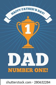 Creative design for Father's Day greeting card, banner or poster with golden trophy cup for dad number one on blue background