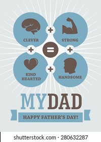 Creative design for Father's Day greeting card, banner or poster with  formula of clever, strong, kind hearted and handsome dad 