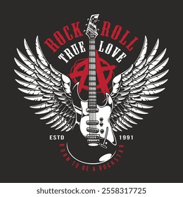 A creative design features an electric guitar surrounded by wings symbolizing freedom and passion for rock music. The artwork includes text celebrating true love for the genre.