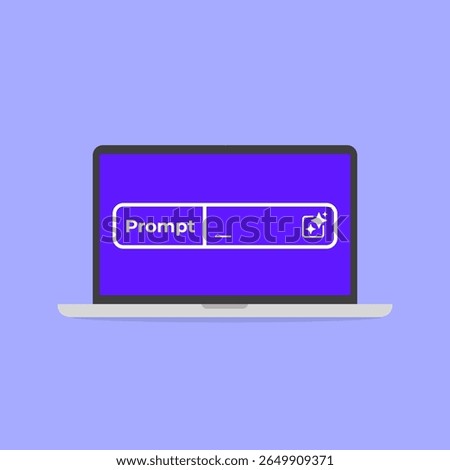 Creative design featuring a laptop with a bright purple background and a prompt box displayed on the screen, vector illustration.