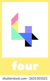 Creative design featuring the number four in vibrant colors against a yellow background in a minimalist style.Tangram puzzle for children.Educational card for children 
