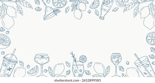 Design criativo com refrescantes bebidas de verão e frutas organizadas em um padrão decorativo para celebração sazonal