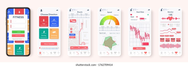 Creative design of the Fitness Application, UI, UX. Set of GUI Screens with Login and Password input, and Screens Showing Physical Activity, Health Infographics. Mobile template Health & Medical. 3d