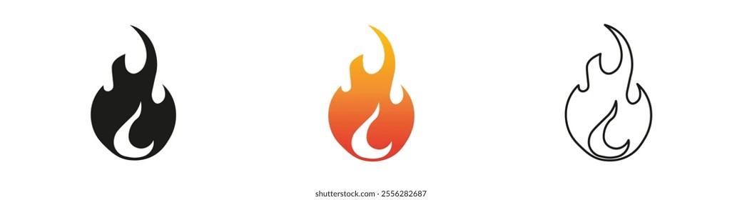 Creative design of flame icons in three color variations. Fire icon vector set. Flame icon collection. Fire flame symbol. Black, gradient, line set