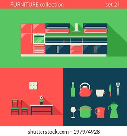 Creative design flat furniture vector icons set. Kitchen, chair, table, stuff. Interior Long shadow style.